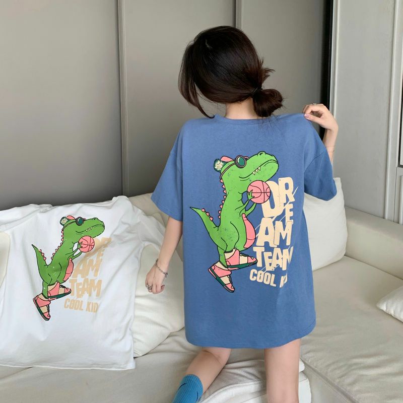 Áo Thun Tay Lỡ 100% Cotton Form Rộng Unisex In Hình Khủng Long
