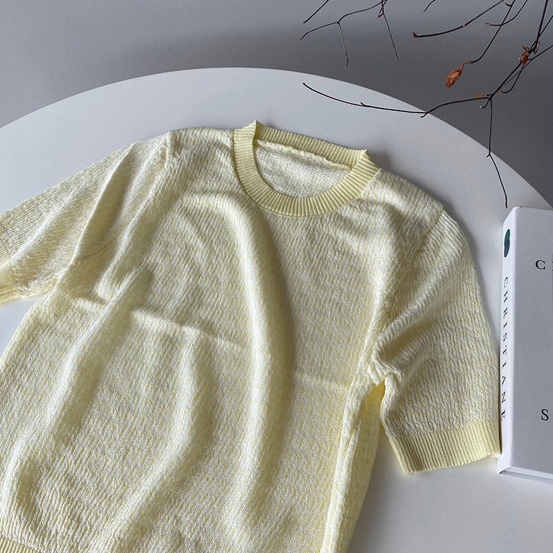 Áo dệt kim QADCOL ngắn tay cổ tròn màu tương phản phong cách Hàn Quốc cho nữ