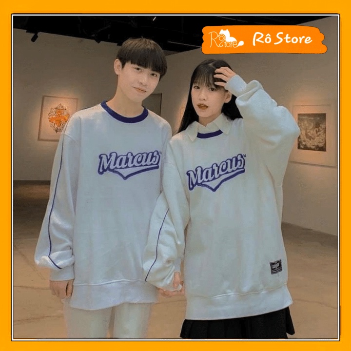 Áo sweater/Áo nỉ cổ tròn form rộng tay bồng unisex nam nữ in chữ MARCUS phối viền cổ độc đáo RÔ STORE SW27