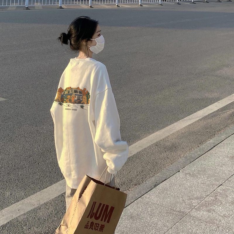 Áo sweater SELVZE cổ tròn tay dài dáng rộng in họa tiết phong cách cổ điển Mỹ xinh xắn cho nữ