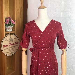 Đầm maxi bi đỏ cột eo - Hình thật