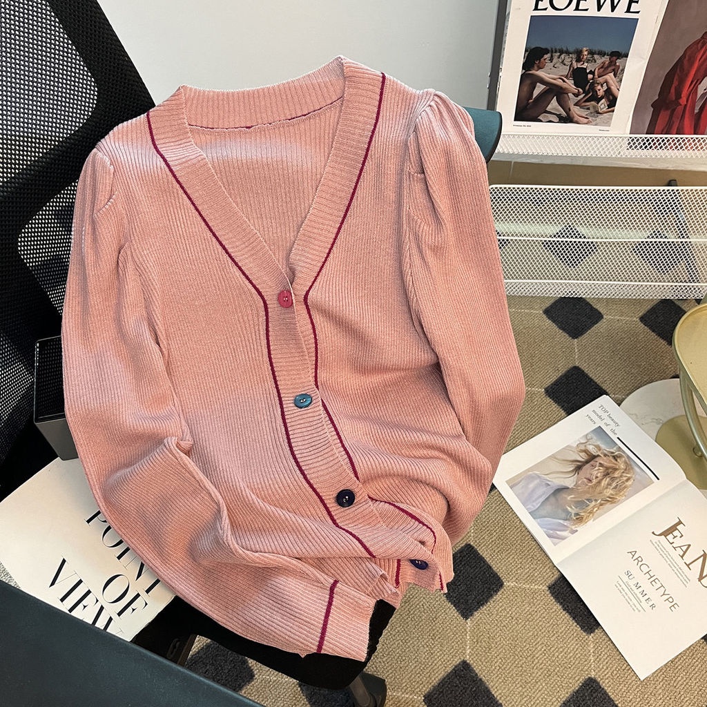 Áo Khoác cardigan Cổ Chữ V Tay Phồng Cài Nút Màu Sắc Tương Phản Thời Trang Mùa Thu Cho Nữ