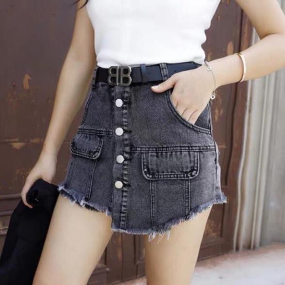 Quần giả váy nữ vải bò khuy dọc xám khói F13