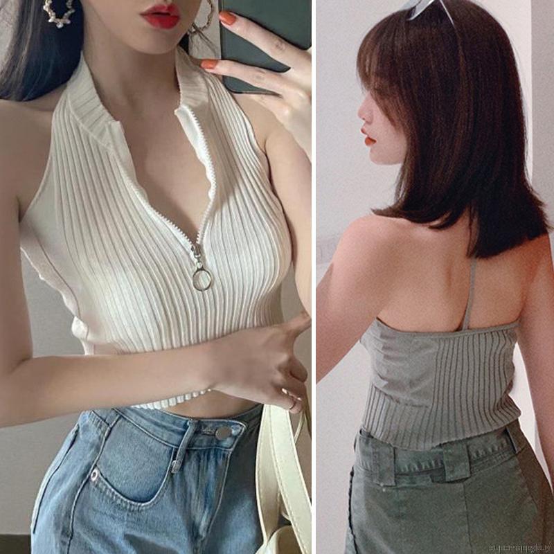 Áo không tay dệt kim thiết kế cổ yếm quyến rũ cho nữ