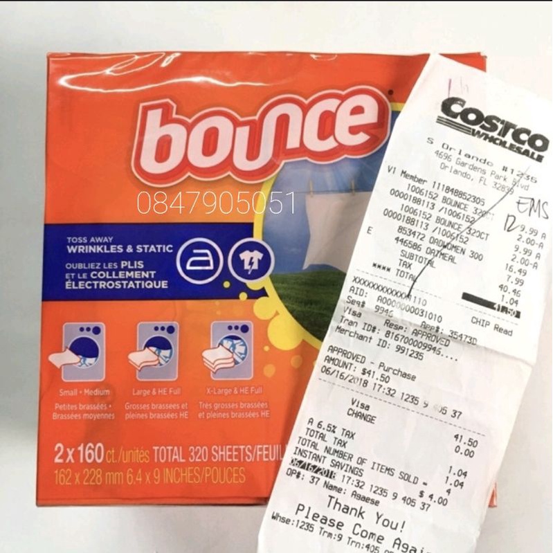 ◇Bill Mỹ◇ Giấy Thơm quần áo Bounce 320 tờ