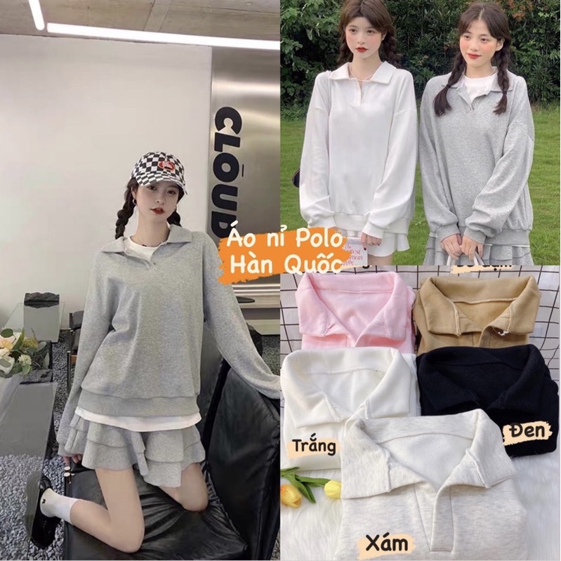 Áo Nỉ Cổ Polo Sweater form rộng tay bồng, Áo Hoodie trơn màu bánh bèo cá tính Ulzzang