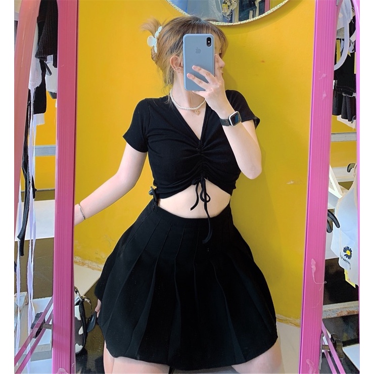 Áo croptop rút dây giữa gân co giãn siêu đẹp 🦋 [FREESHIP] Áo Croptop Tay Ngắn TRẮNG ĐEN BASIC | WebRaoVat - webraovat.net.vn