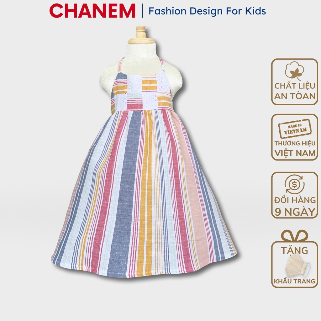 Váy thiết kế cho bé gái cổ yếm chun lưng kẻ sọc phối caro chất liệu Linen cao cấp, Đầm cho bé gái CHANEM