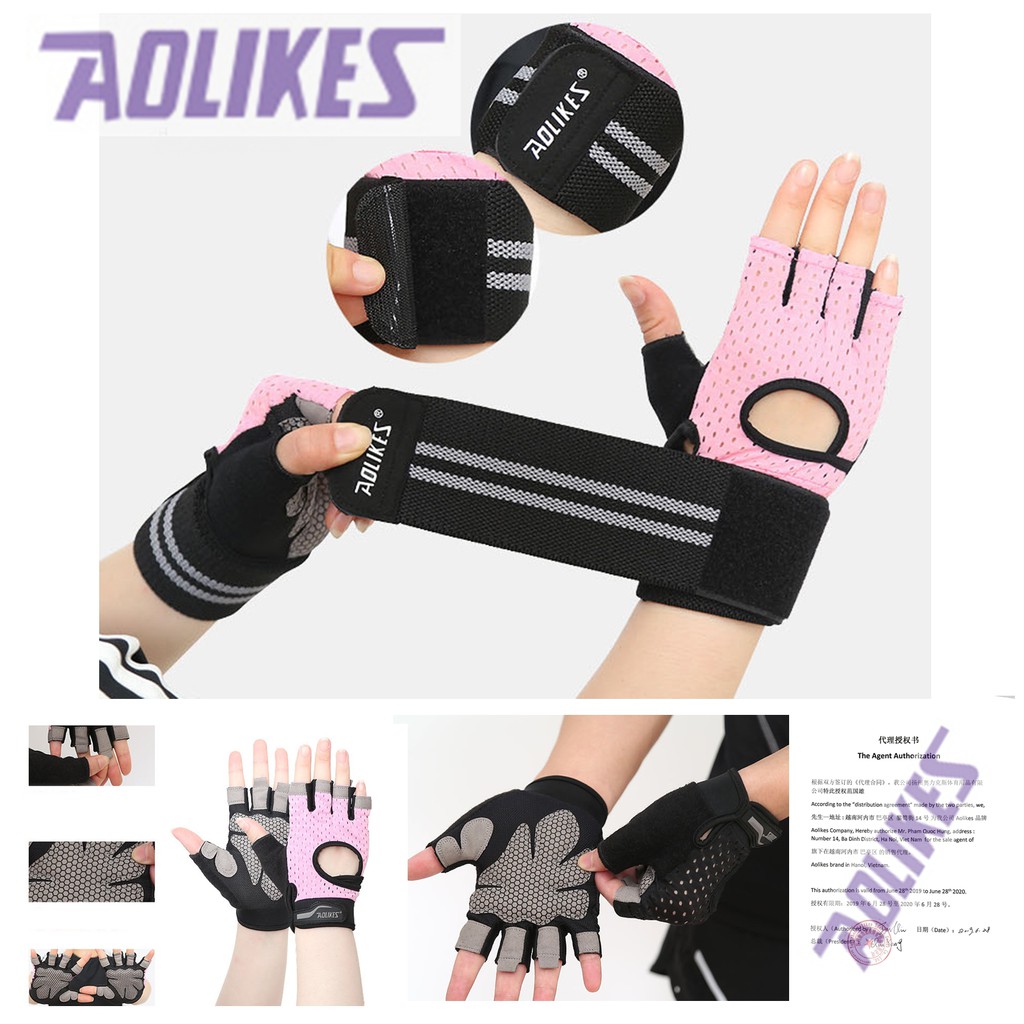 Găng tay tập gym hở lưng có cuốn cổ tay, bao tay đệm lòng bàn tay chống trượt chuyên gym AOLIKES HS 113