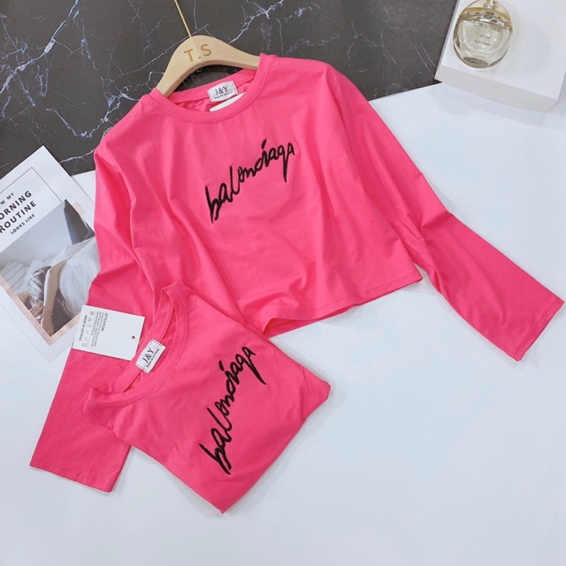 Áo croptop BALEN hồng dài tay chất cotton đẹp