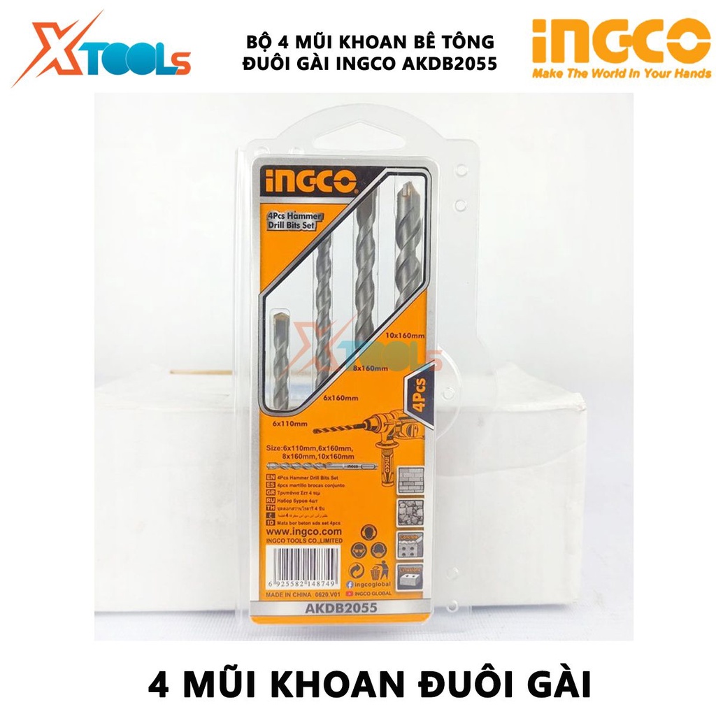 Bộ 4 mũi khoan bê tông đuôi gài INGCO AKDB2055 Bộ mũi khoan bê tông đuôi gài 4 chi tiết Kích thước: 6 * 110, 6 * 160, 8