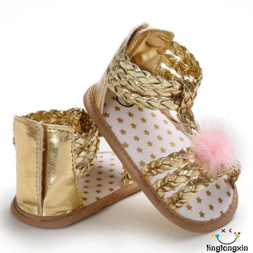 ♕-Newborn Girls Soft Sole Sandals, Summer Baby Casual Solid Color Strappy Pompom Shoes