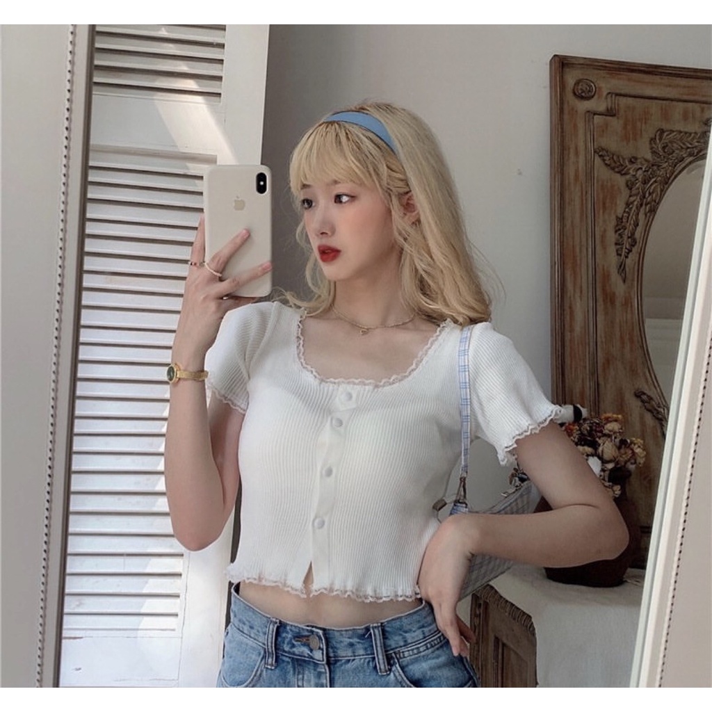 ÁO CROPTOP NUT VIỀN REN TRẺ TRUNG THỜI TRANG -NAUY