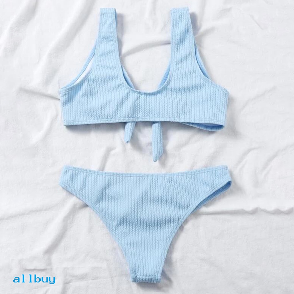 Bộ Đồ Bơi Bikini Hai Mảnh Trễ Vai Co Giãn Màu Trơn Đính Nơ Dành Cho Nữ
