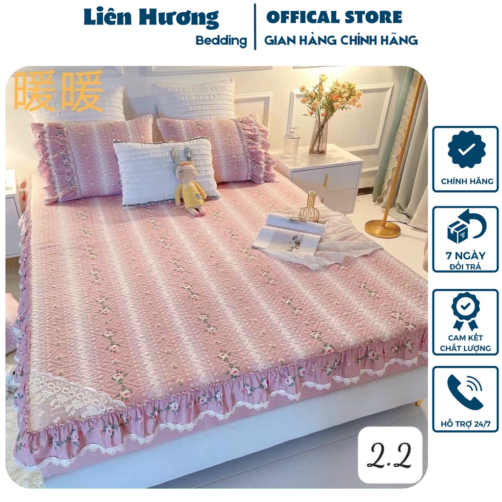 Bộ thảm ga giường kèm 2 vỏ gối cotton phối bèo công chúa siêu xinh, mẫu mới nhất 2022 đủ kích thước