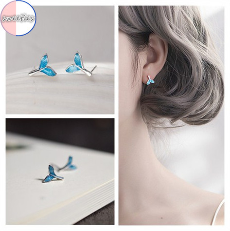 Hoa Tai Dáng Dài Mặt Hình Đuôi Cá Màu Xanh Phong Cách Retro