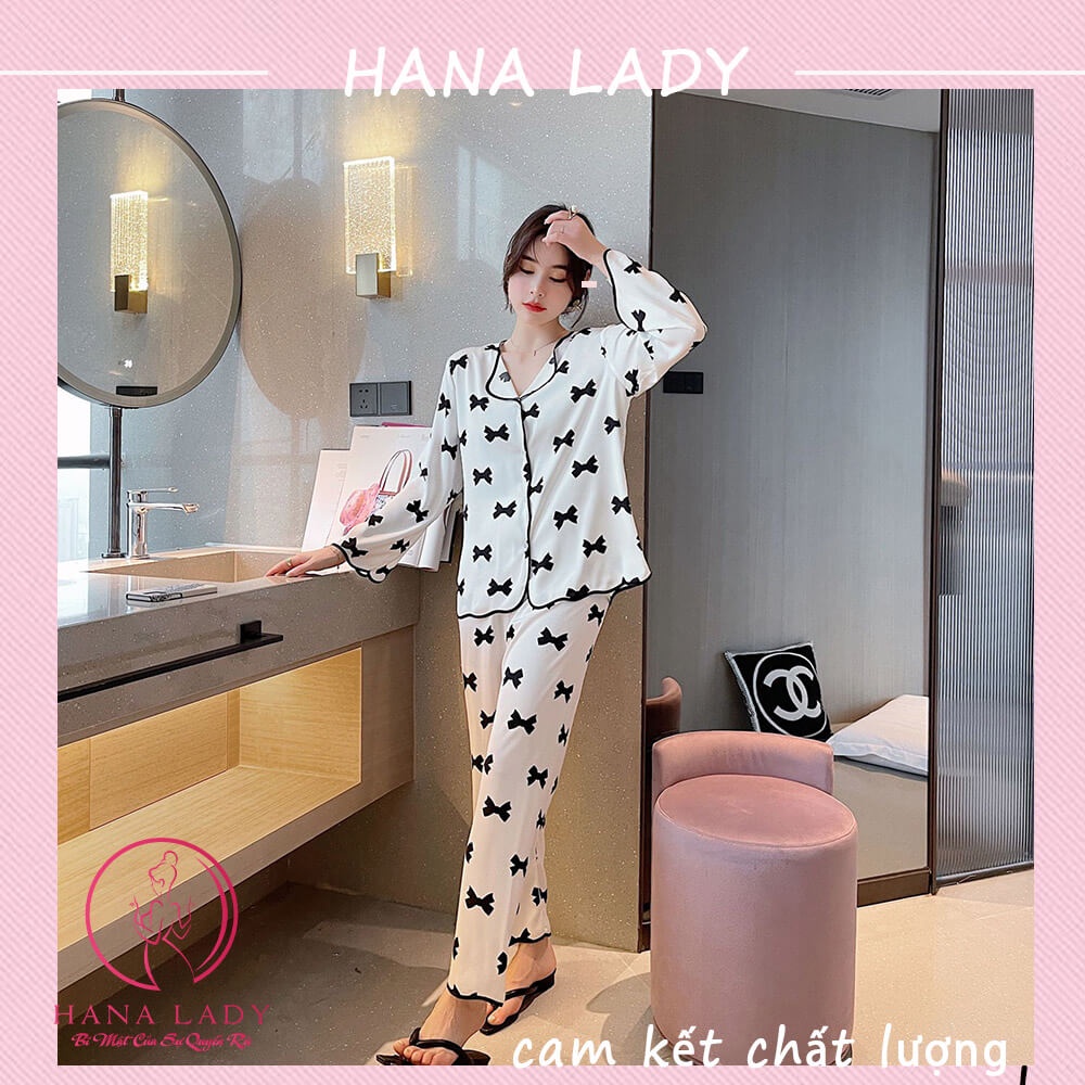 Đồ ngủ nữ - Bộ ngủ lụa pijama dài tay mặc nhà họa tiết nơ cao cấp Hana Lady PJ504