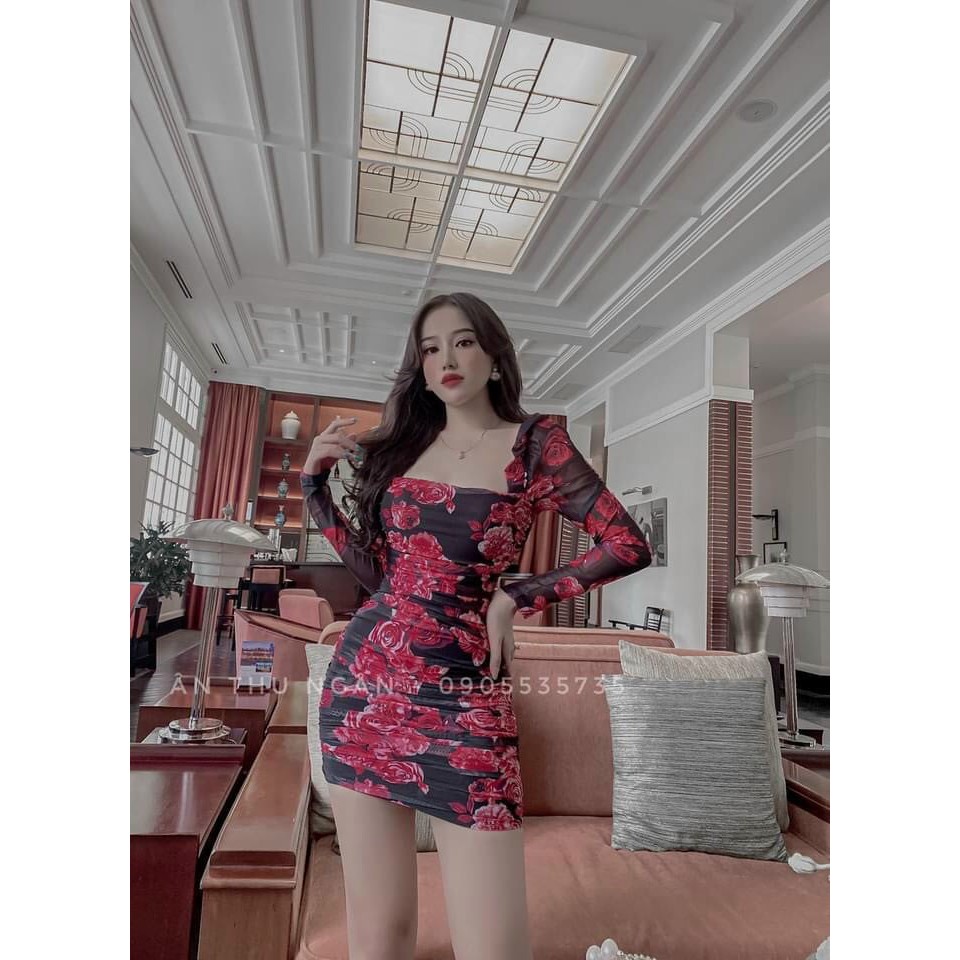 Đàm Ôm Body in Hoa Hồng Cổ Vuông Dài Tay Thời Trang , Thích hợp Đi Dự Tiệc Và Di Chơi