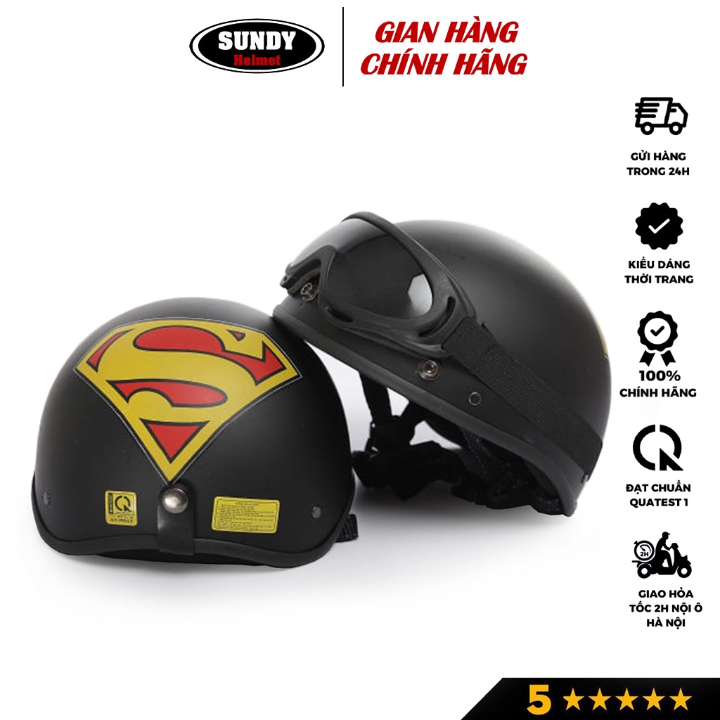 Mũ bảo hiểm nửa đầu SUNDY chính hãng, tem hình Superman mạnh mẽ, nón 1/2 đầu Freesize (55-59cm), kèm kính UV, phi công