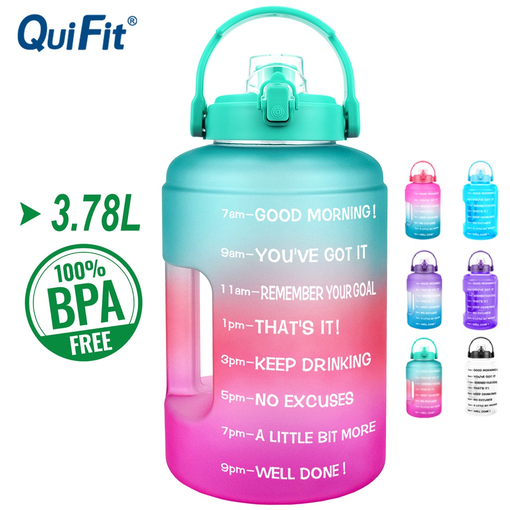 Quifit Bình Nước Thể Thao Miệng Rộng Không BPA Tái Sử Dụng Được Có Nắp Lật Và Đánh Dấu Thời Gian Dung Tích 3.78L