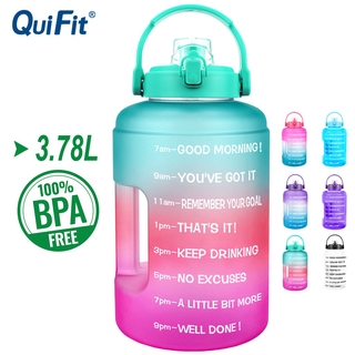 Bình nước thể thao QUIFIT miệng rộng không chứa BPA tái sử dụng được có nắp lật và vạch đánh dấu thời gian 3.78l