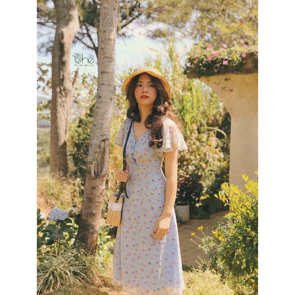 Váy hoa nhí voan bánh bèo xinh She, đầm nữ tiểu thư chữ A dài thiết kế SDX77 | BigBuy360 - bigbuy360.vn