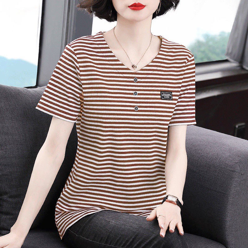 Áo Thun Tay Ngắn Cổ Chữ V Dáng Rộng Họa Tiết Kẻ Sọc Plus Size Cho Phụ Nữ Trung Niên