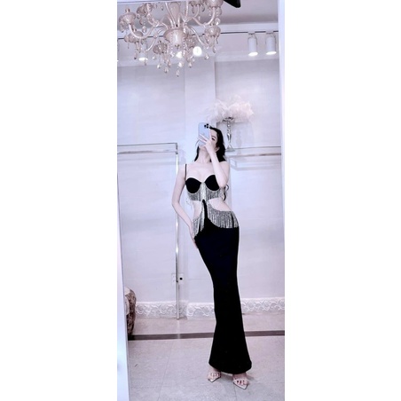 Đầm body trắng đen 2 dây cúp ngực khoét eo phối tua rua sexy hotgirl thiết kế đi chơi dự tiệc sang trọng dạ hội party