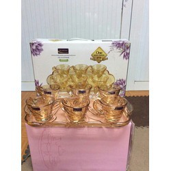 Bộ 6 ly cốc soga thủy tinh kèm khay- Bộ 6 cốc thủy tinh quai vagf kèm khay