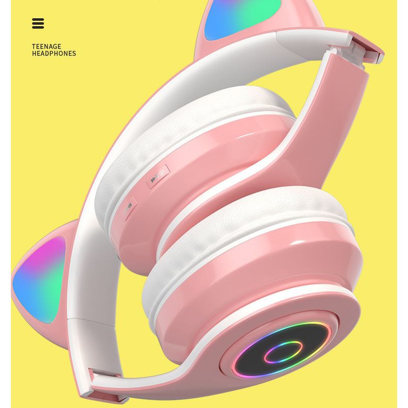 Tai Nghe Bluetooth 5.0 Không Dây Chống Ồn Hình Tai Mèo Có Đèn LED Và Mic Đầu Cắm 3.5mm