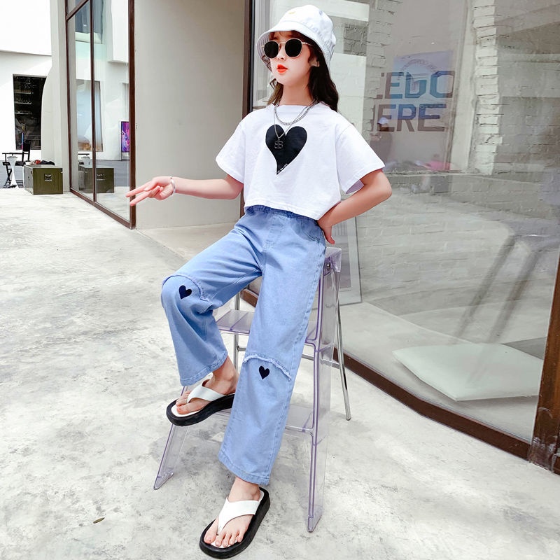 Quần Jean Dài Lưng Cao Ống Rộng Thời Trang Xuân Thu Cho Bé Gái