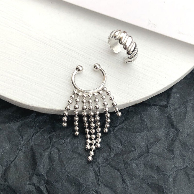 Bông Tai Bạc S925 Bộ 2 Ear Cuff Kẹp Vành Tua Rua &amp; Khoen C Bất Đối Xứng Trẻ Trung Cá Tính | Khuyên Tai Nữ Trang Sức Bạc