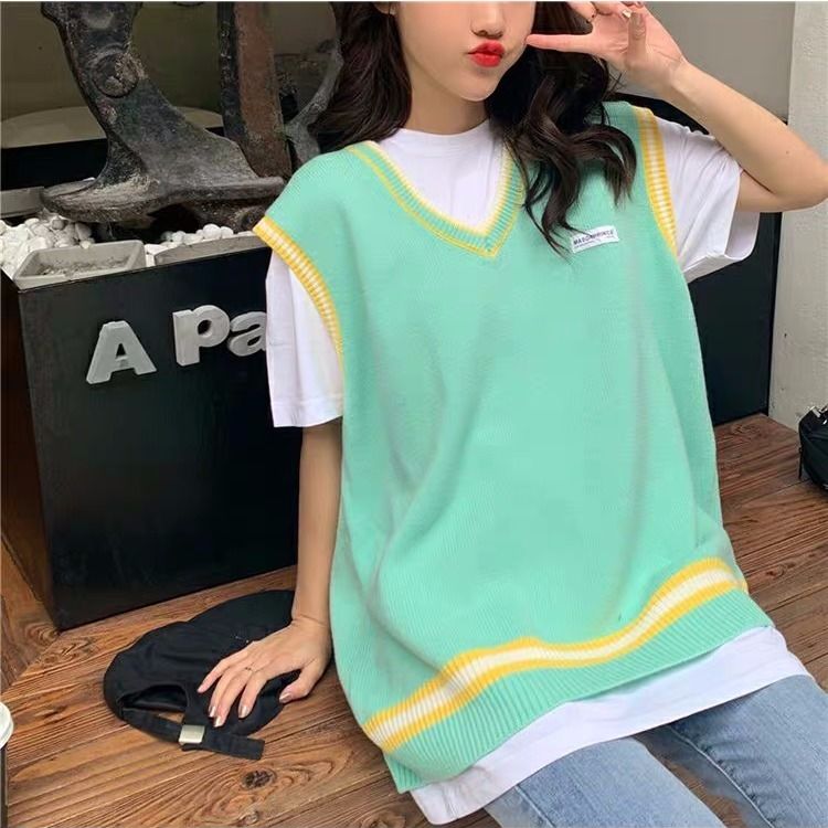 Áo gile ấm cổ V rộng dệt kim cho nữ sinh