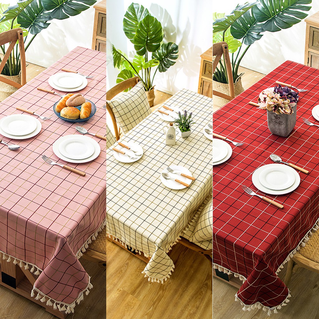 Khăn trải bàn vải bố cao cấp KB002 Pink Xinh Decor sọc kẻ caro hồng đỏ kem khăn trang trí bàn ăn