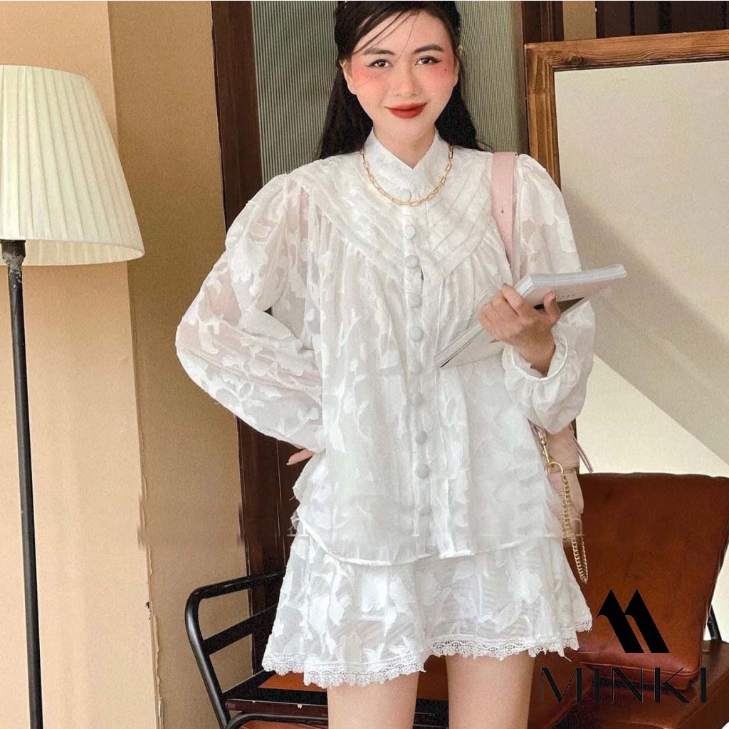 🌸SET ÁO VÀ CHÂN VÁY MIDI TRẮNG VÂN NÚT BỌC - CHẤT LIỆU REN HOA VÂN CAO CẤP - TRẮNG SANG TRỌNG