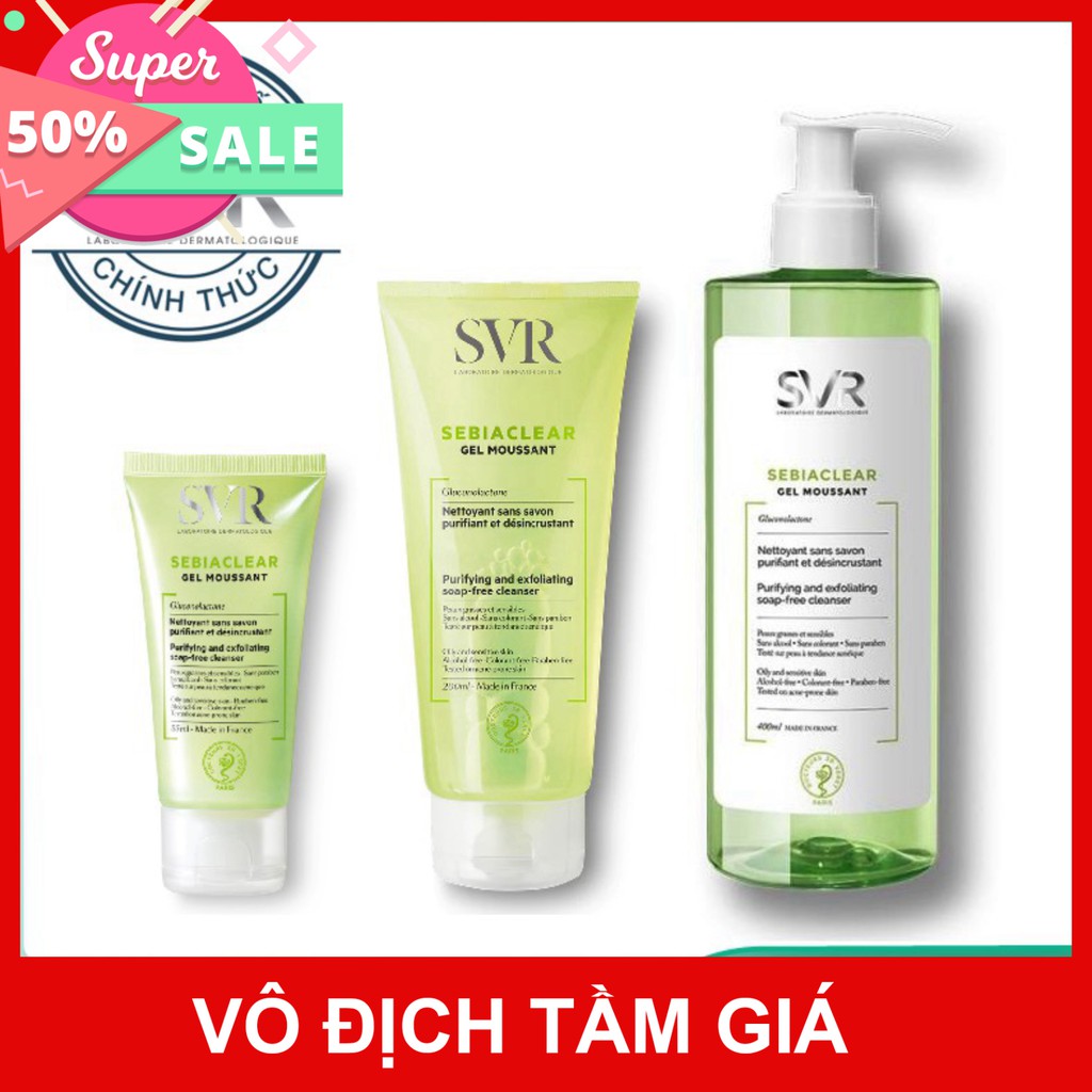 [CHÍNH HÃNG] SVR Gel Rửa Mặt Không Chứa Xà Phòng Dành Cho Da Nhờn Mụn Sebiaclear Gel Moussant ( 55ml - 200ml - 400ml )
