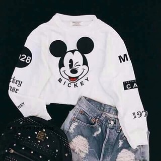 Áo Thun Cổ Tròn Tay Dài Dạng Croptop Phối In Hình Mickey Trước Ngực Siêu Dễ Thương TTSL0123A
