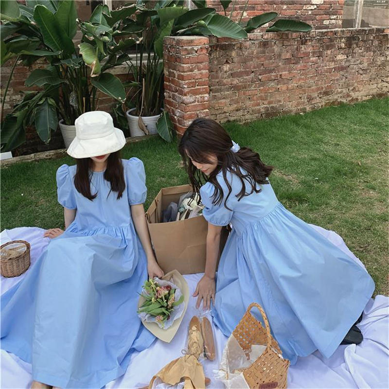 Đầm Nữ Ngắn Tay Cổ Tròn Eo Thắt Thời Trang Hàn