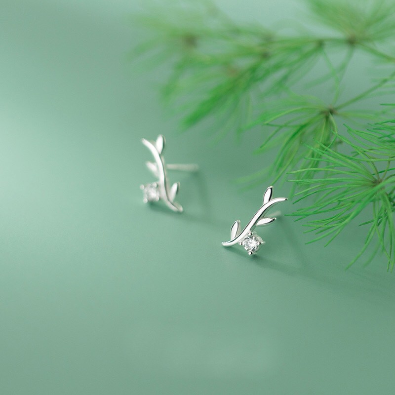 Khuyên Tai Bạc Nữ MIRASON Cánh Lá Nạm Đá Thanh Lịch - Bông Tai Nữ Bạc 925 Cao Cấp