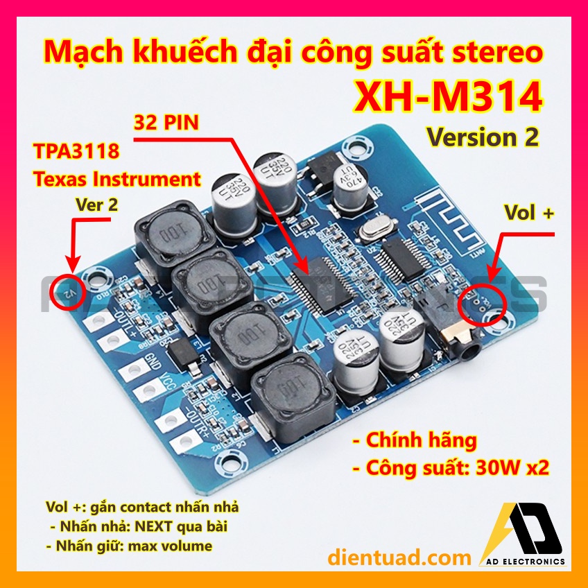 Mạch Khuếch Đại Âm Thanh Bluetooth Stereo XH-M314 2x30w Chip Tpa3118 Chính Hãng Texas Instruments 12V-26V
