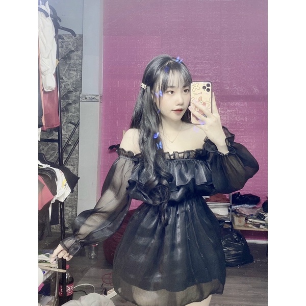 Đầm trễ vai tay phồng công chúa tơ nhũ