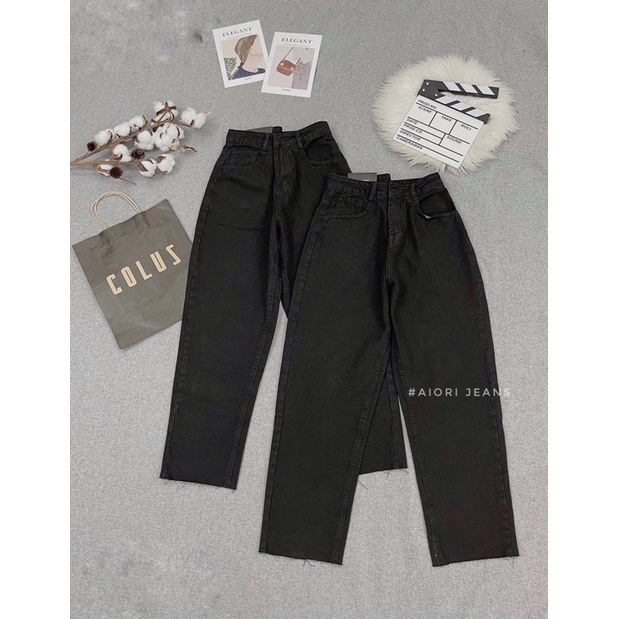 Quần Jeans Nữ AIORI, Quần Baggy Jeans Lưng Cao Baggy Bò Trơn Lai Cuốn Màu Đen Thời T