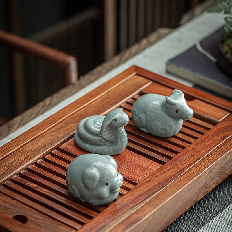 Bộ tượng 12 con giáp gốm sứ Cảnh Đức men rạn màu xanh ngọc decor bàn trà trang trí, quà lưu niệm