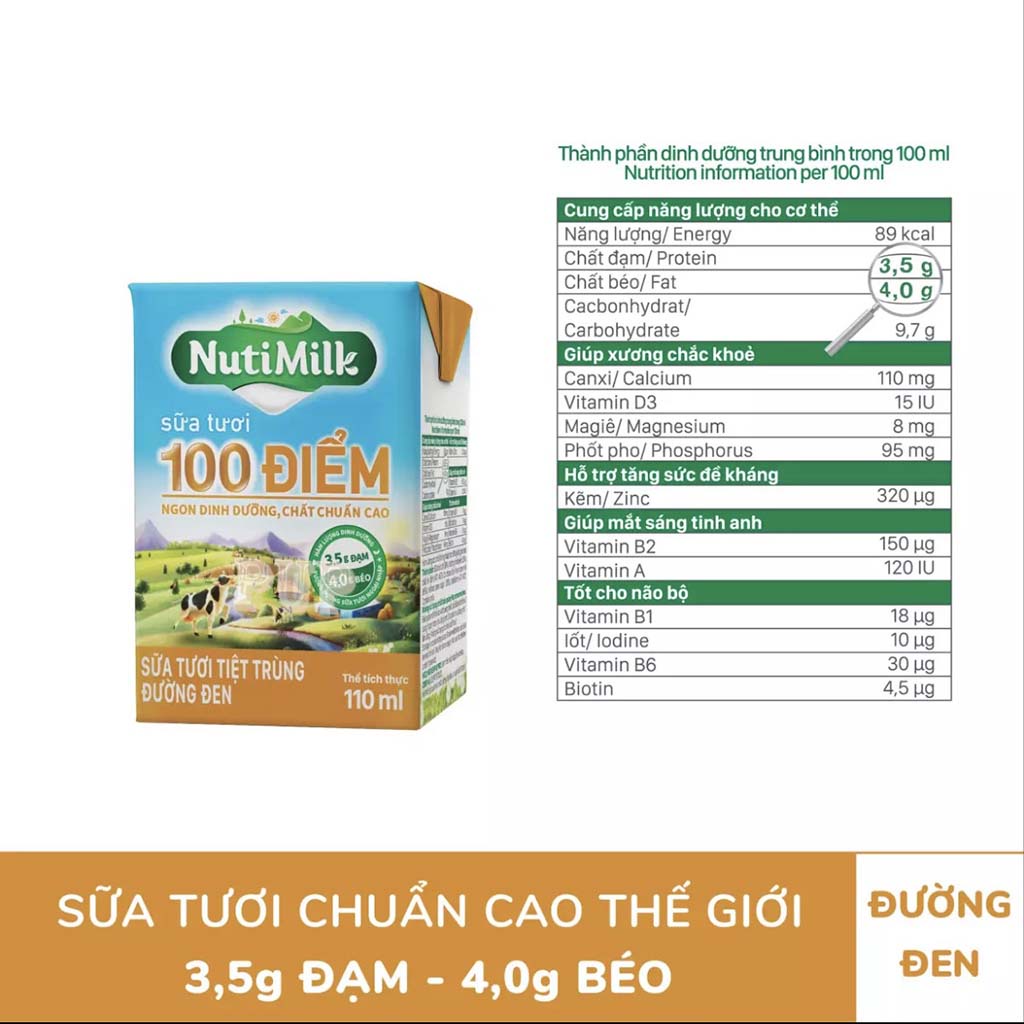 2 Hộp Sữa Tươi Tiệt Trùng 100 Điểm Đường Đen Nutimilk 110ml