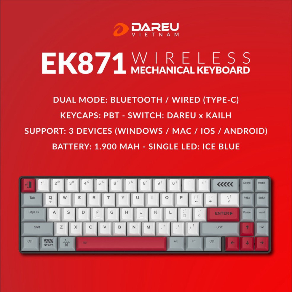 Bàn phím cơ không dây Bluetooth DAREU EK871 71KEY (GREY-WHITE, PBT, D-KAILH switch) - Hàng chính hãng