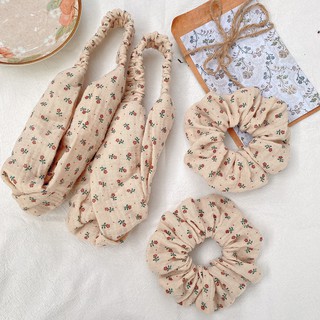 Cột tóc scrunchies vải xô muslin hoa nhí vintage ( băng đô cài tóc vải vintage )