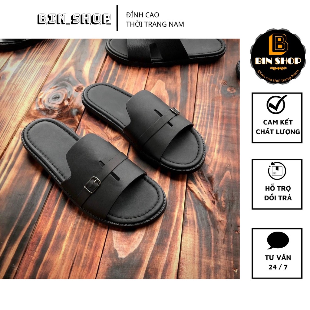 Dép quai ngang da bò cao cấp, dép lê quai ngang đế bệt màu đen cá tính - BIN SHOP
