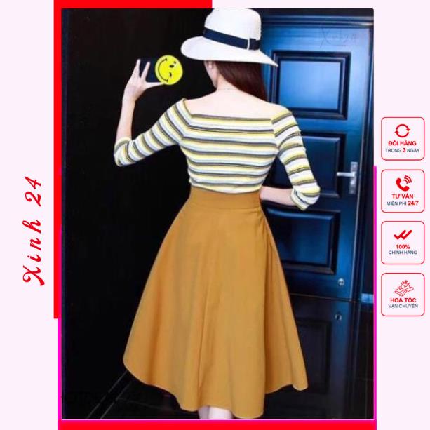 Chân váy xòe vintage nút trước thiết kế kiểu dáng tiểu thư form chuẩn | BigBuy360 - bigbuy360.vn