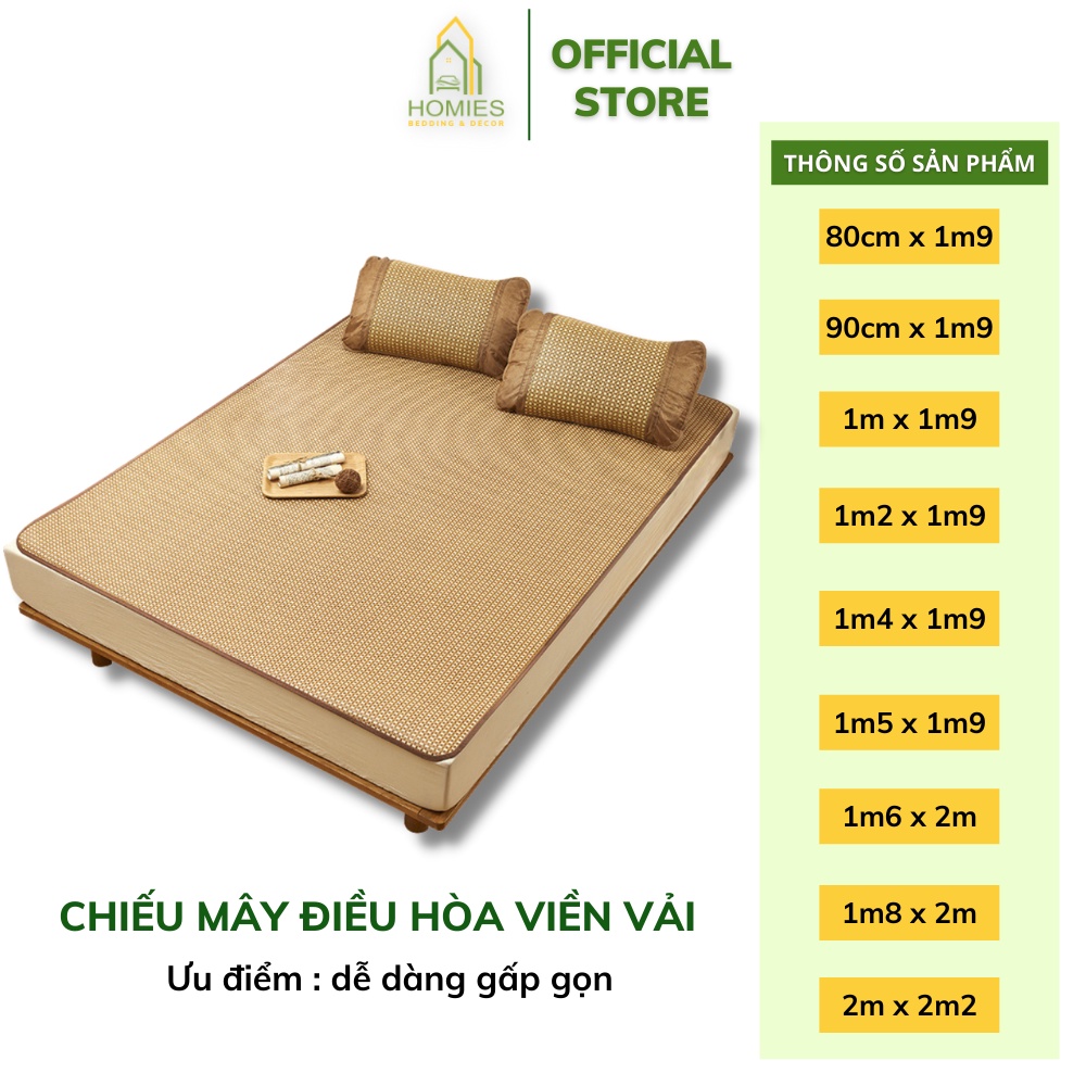 Chiếu Điều Hòa Sợi Mây Tự Nhiên HOMIES Bedding & Décor Viền Vải - Chất Liệu Thiên Nhiên Cao Cấp Mát Lạnh Mùa Hè