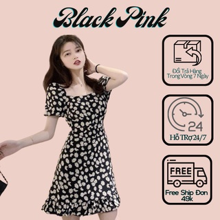 [ Hàng Cao Cấp Loại 1] Váy Đen Hoa Cúc Cổ Vuông Tay Phồng Black Pink Store